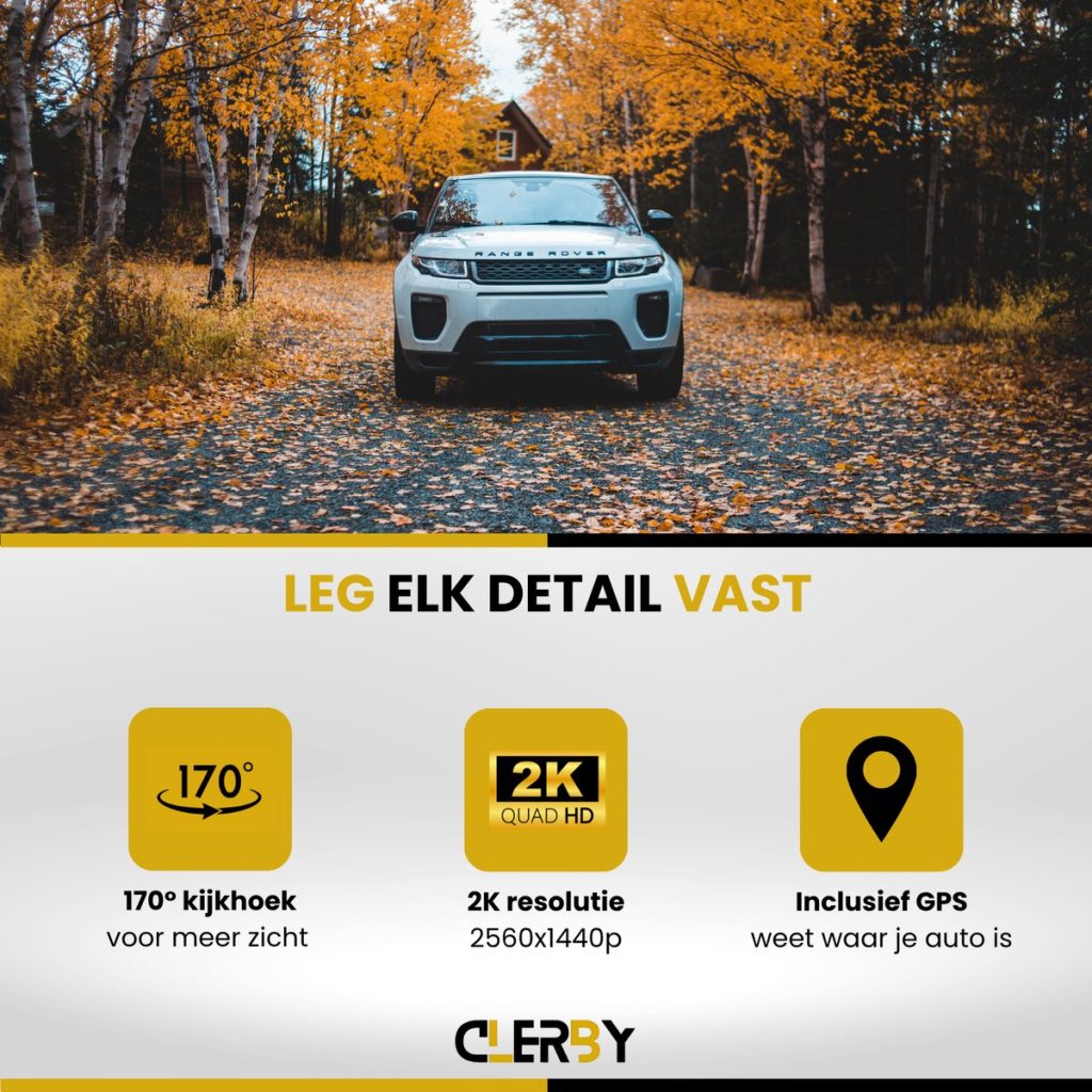 Witte Range Rover geparkeerd op een bosweg in de herfst, met iconen voor 170° kijkhoek, 2K resolutie en GPS.