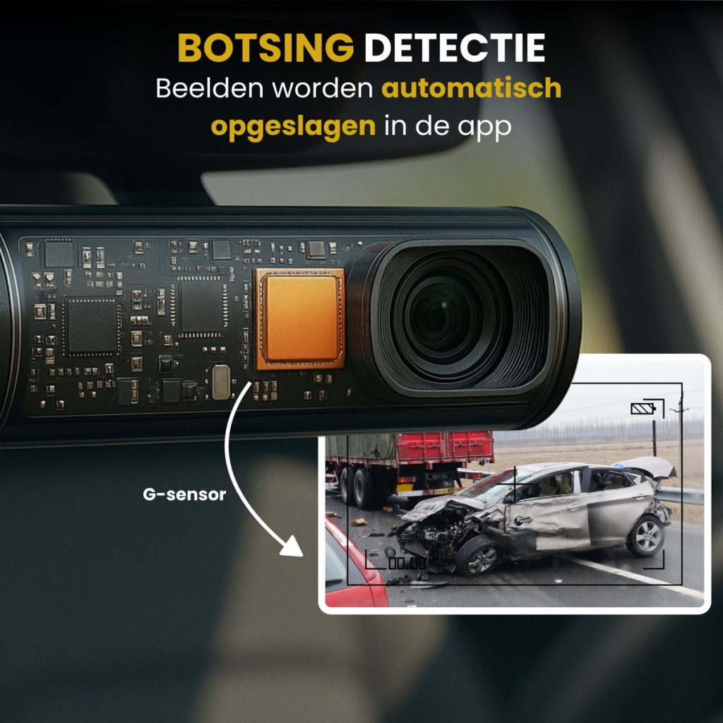 Zwarte dashcam met close-up van interne componenten en een weergave van een auto-ongeluk met schade.
