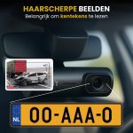 Dashcam met close-up van de lens en een voorbeeld van een ongeluk met een vrachtwagen en auto, met kenteken NL 00-AAA-0.