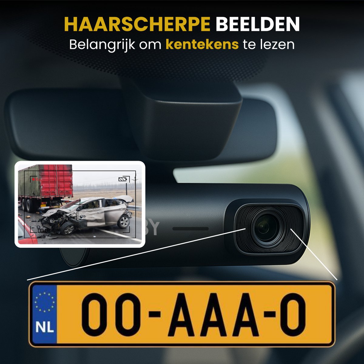 Dashcam met close-up van de lens en een voorbeeld van een ongeluk met een vrachtwagen en auto, met kenteken NL 00-AAA-0.