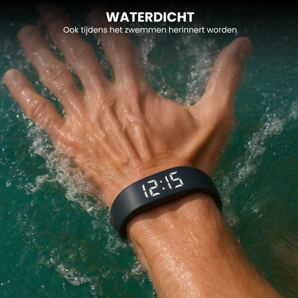 Hand met zwarte trilarmband met digitale tijd 12:15 onder water.