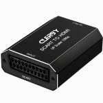 De zwarte Clerby SCART naar HDMI adapter, met de SCART ingang en HDMI uitgang prominent getoond.