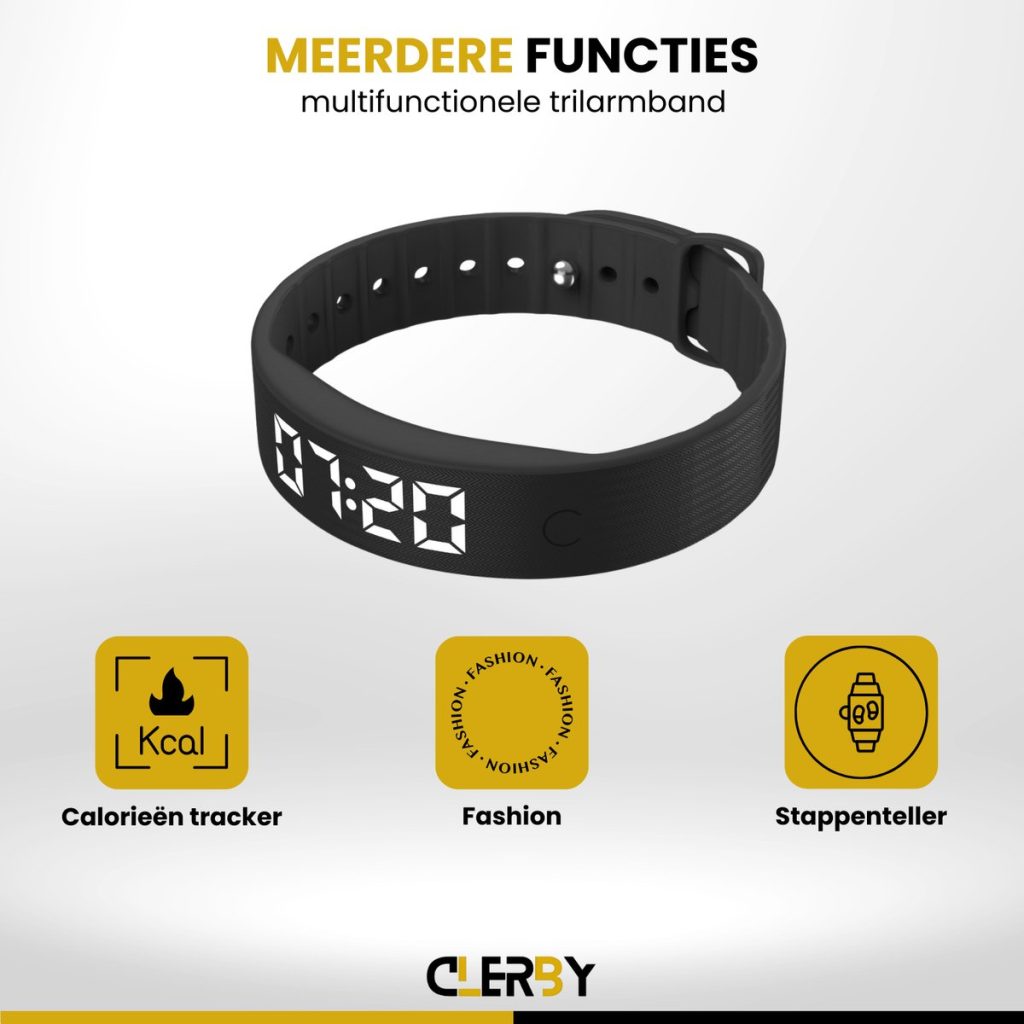 Zwarte trilarmband met functies: calorieëntracker, fashion en stappenteller.
