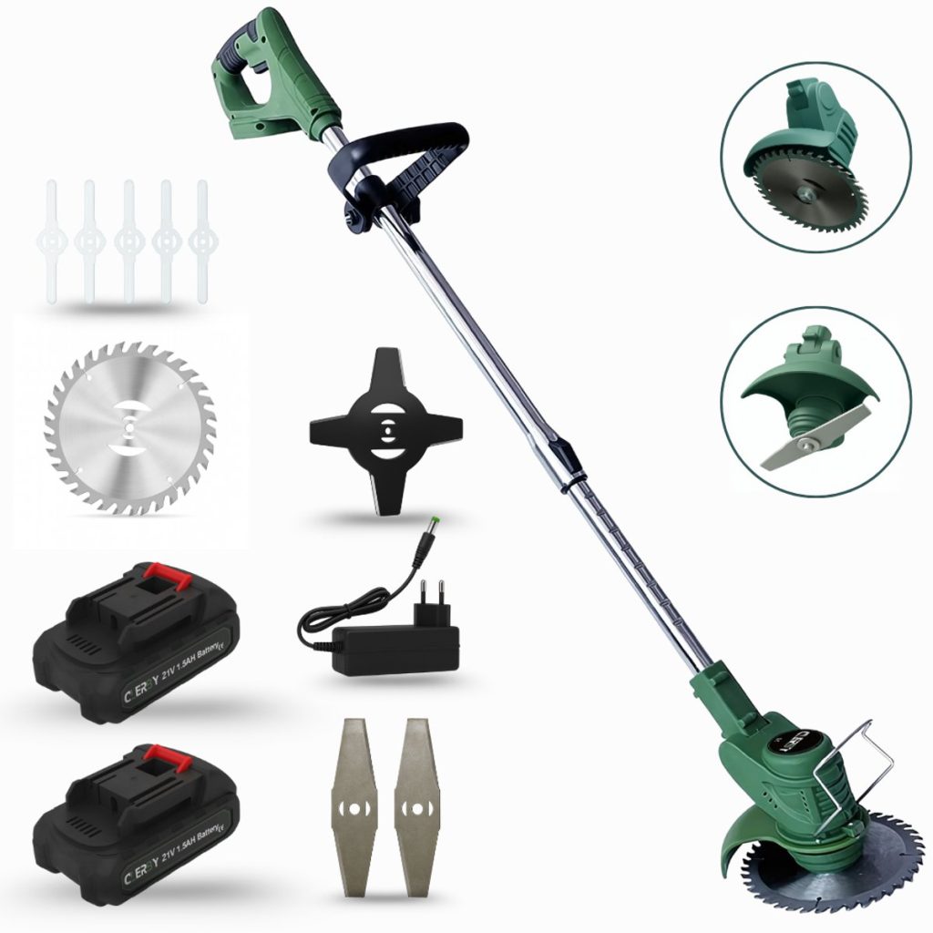 Groene elektrische grastrimmer met 2 accu's, lader, cirkelzaagblad, kruisblad, mesbladen en plastic bladen.