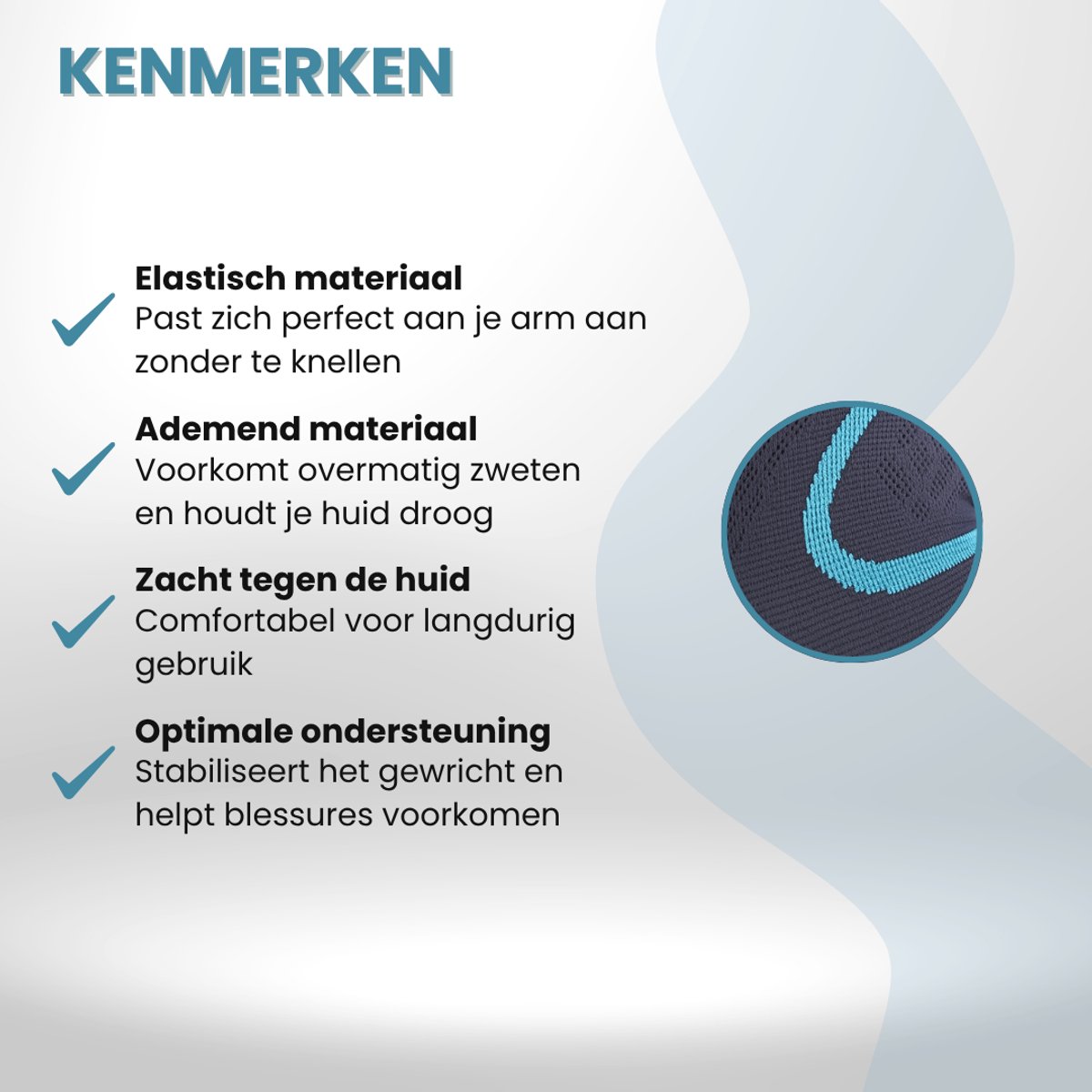 Kenmerken: Elastisch, ademend, zacht, optimale ondersteuning. Zwarte arm brace met blauw patroon.