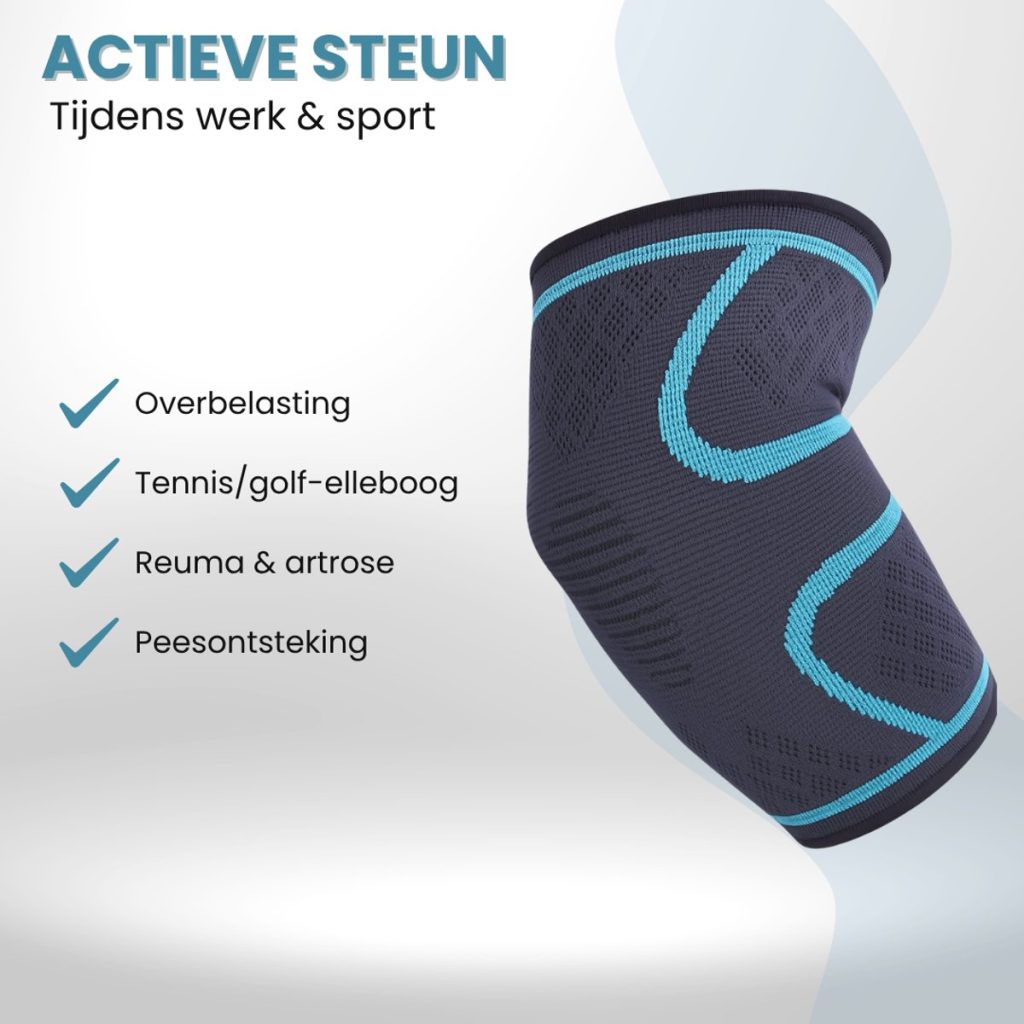 Lijst met voordelen: Overbelasting, Tennis/golf-elleboog, Reuma & artrose, Peesontsteking. Zwarte elleboog brace met blauwe lijnen.