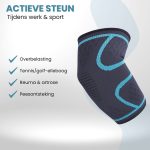 Lijst met voordelen: Overbelasting, Tennis/golf-elleboog, Reuma & artrose, Peesontsteking. Zwarte elleboog brace met blauwe lijnen.