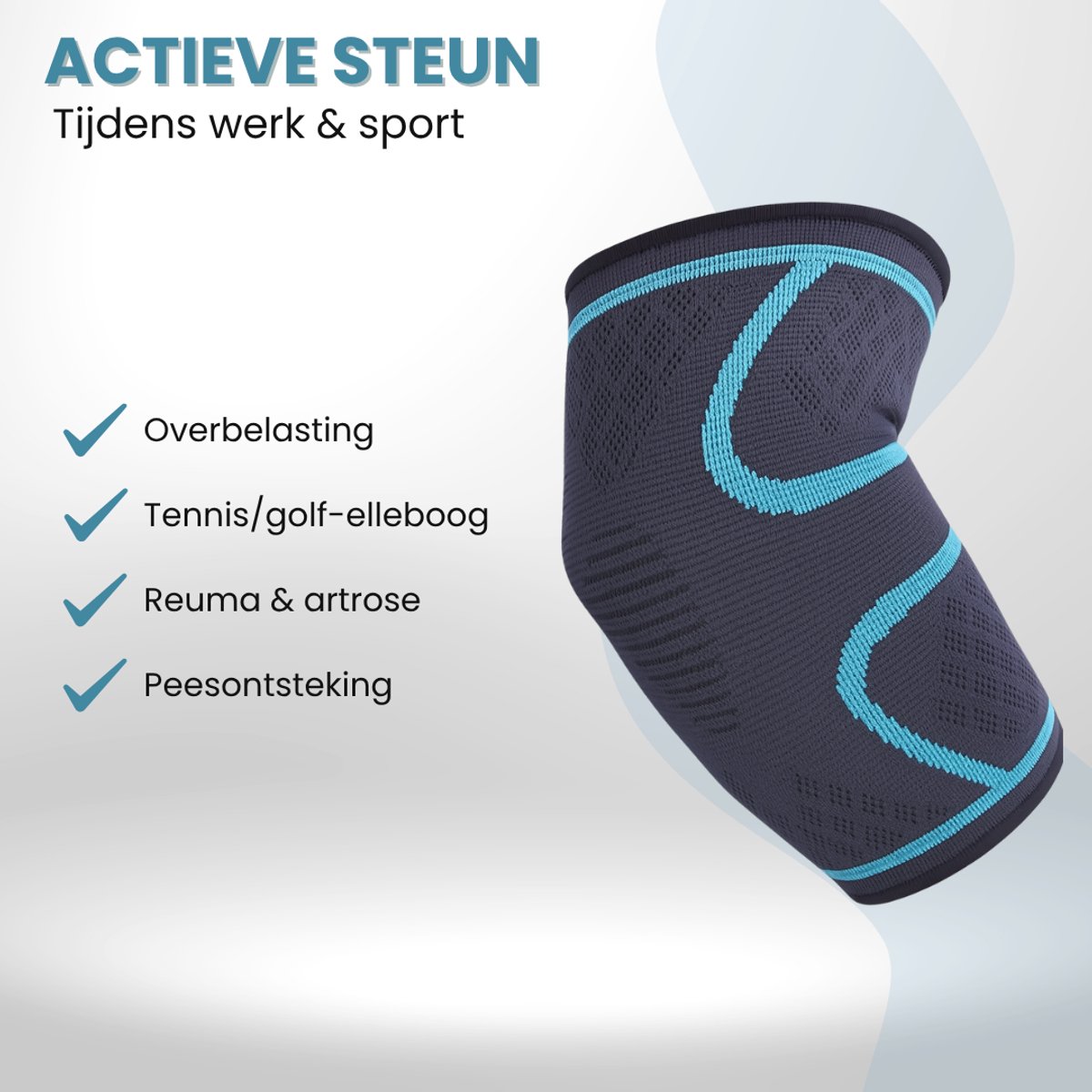 Lijst met voordelen: Overbelasting, Tennis/golf-elleboog, Reuma & artrose, Peesontsteking. Zwarte elleboog brace met blauwe lijnen.