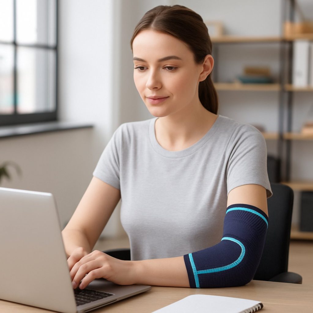 Vrouw werkt aan laptop, draagt een marineblauwe arm brace met blauwe lijnen.