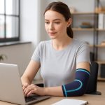 Vrouw werkt aan laptop, draagt een marineblauwe arm brace met blauwe lijnen.