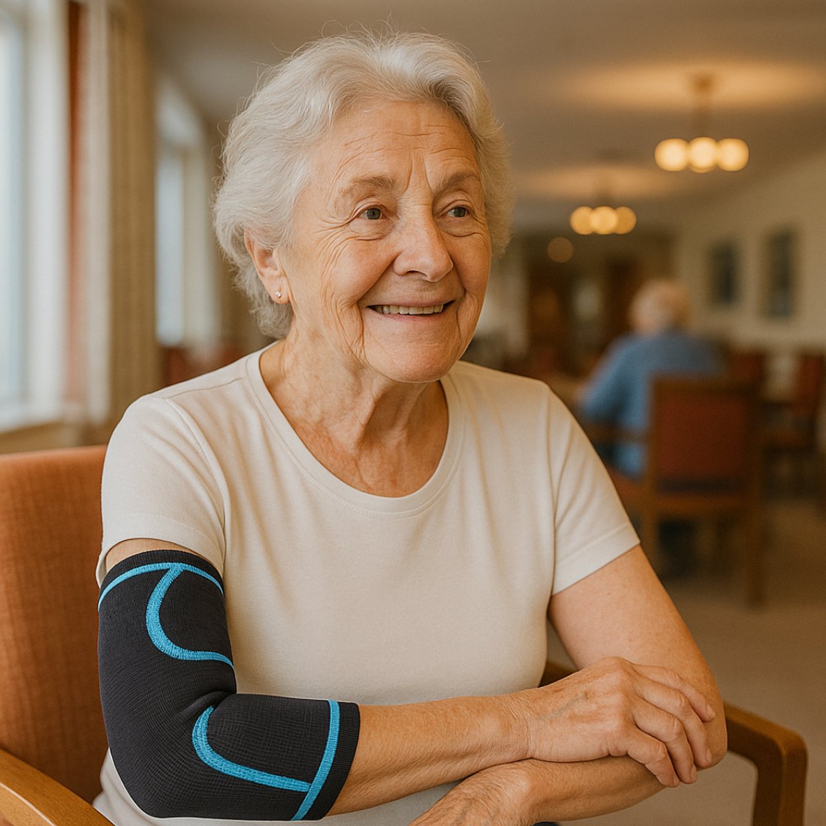 Oudere vrouw zit en glimlacht, draagt een zwarte arm brace met blauwe lijnen.