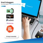 Zwarte eID kaartlezer met Belgische ID-kaart en de logo's .beID, DigiD, eIDAS, eHerkenning, itsme. Gebruikt met Windows 10.