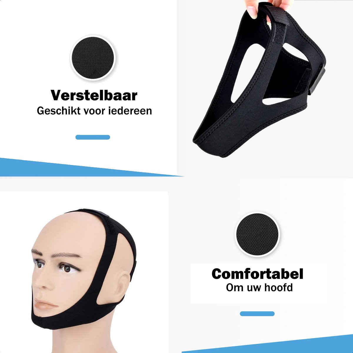 Zwarte kinband getoond op een kaal hoofd en in een hand. Tekst: 'Verstelbaar' en 'Comfortabel'.