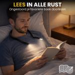 Man in bed leest een boek met een zwarte nek lamp.