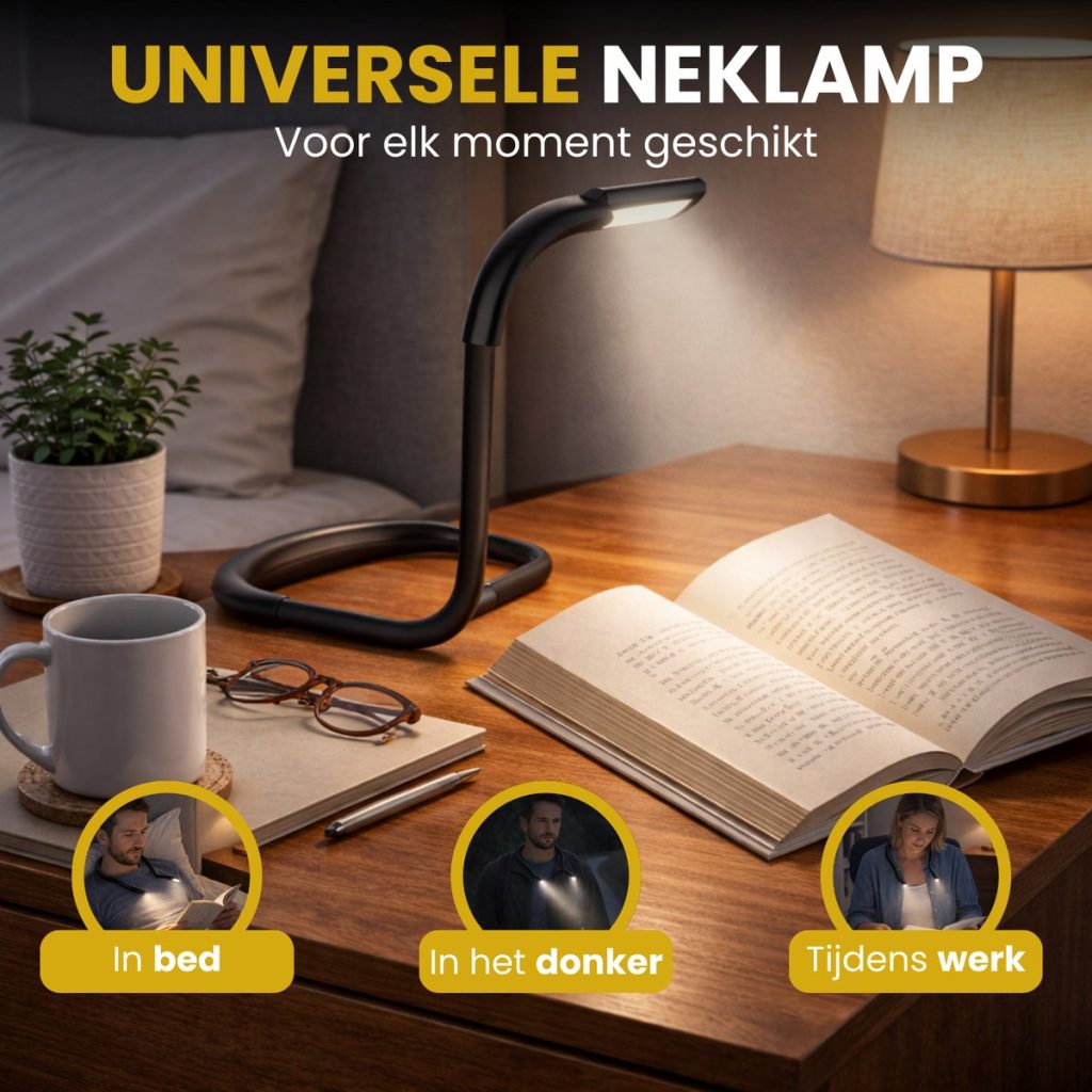 Zwarte nek lamp staat naast een open boek op een nachtkastje.