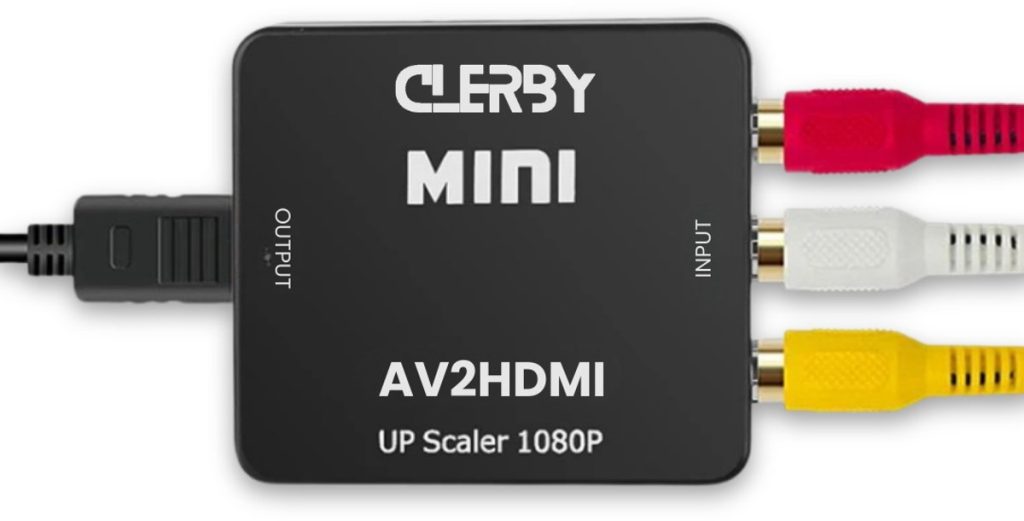 Zwarte 'Clerby MINI AV2HDMI UP Scaler 1080P' adapter met rode, witte en gele tulp-ingangen en een zwarte uitvoer aan de andere kant.