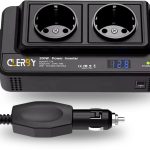 Zwarte Clerby 200W power inverter met twee stopcontacten, display en sigarettenaansteker plug.
