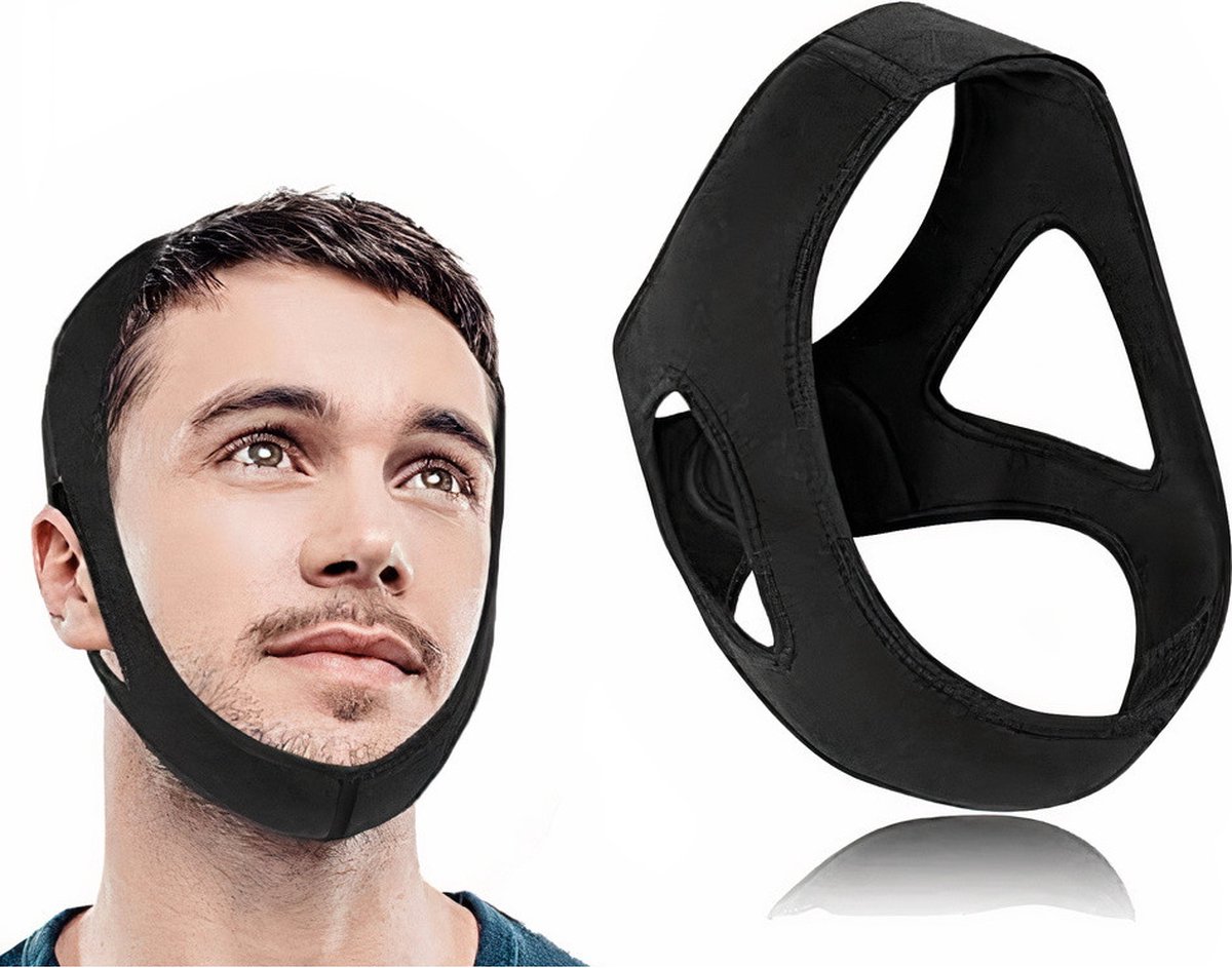 Man met een zwarte kinband om, met een kinband ernaast op witte achtergrond.