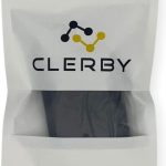 Witte, doorschijnende verpakking met zwart Clerby logo.