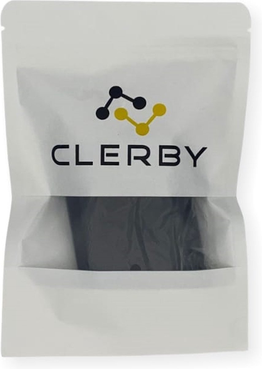 Witte, doorschijnende verpakking met zwart Clerby logo.