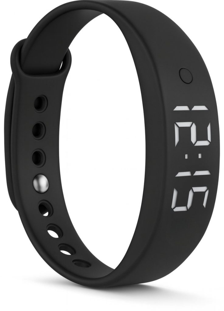 Zwarte trilarmband met digitale tijdsaanduiding 12:15.