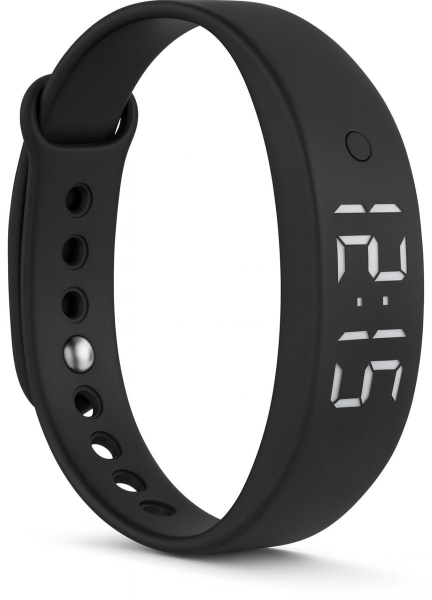 Zwarte trilarmband met digitale tijdsaanduiding 12:15.