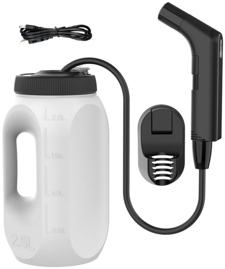 Draagbaar bidet met witte tank van 2.5L, zwarte sproeier en houder. Inclusief USB-C kabel.