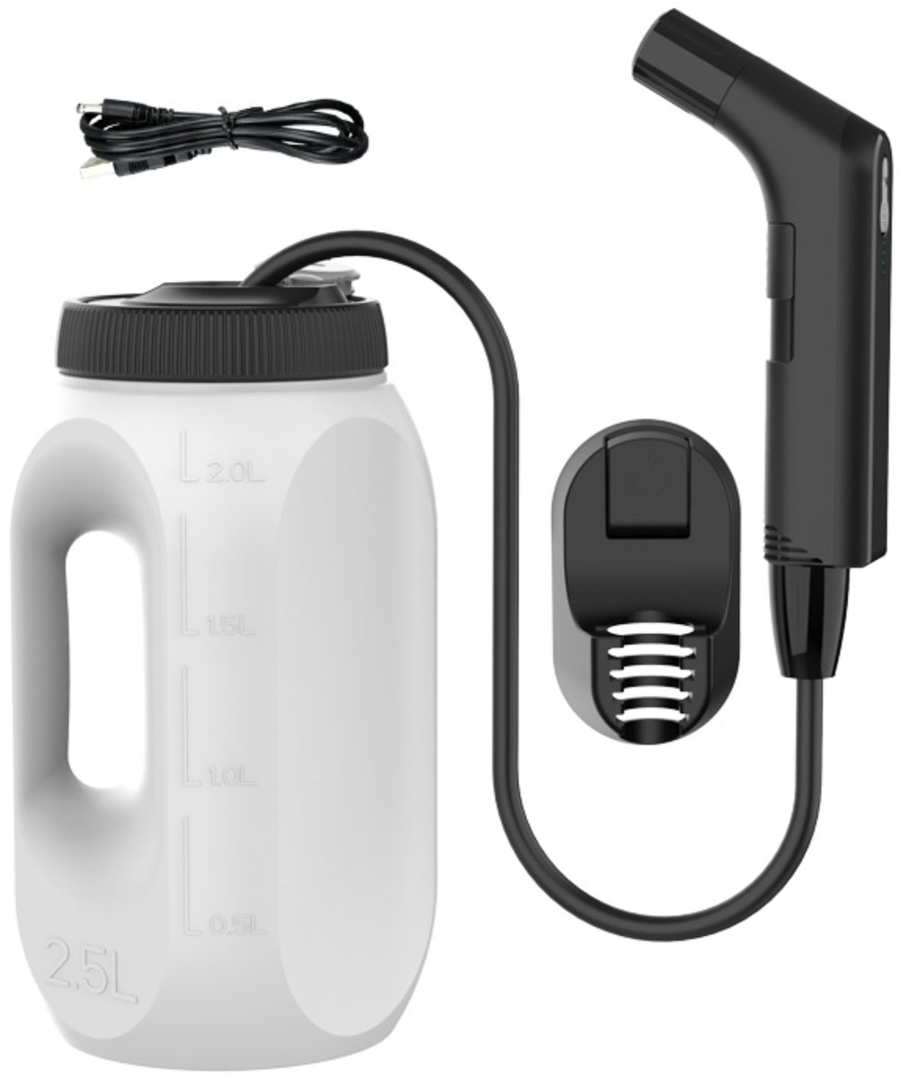 Draagbaar bidet met witte tank van 2.5L, zwarte sproeier en houder. Inclusief USB-C kabel.