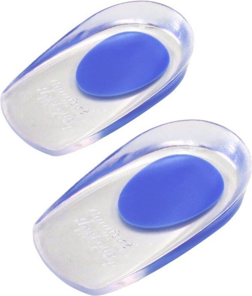Twee transparante gel-hielcupjes met een blauw ovaal in het midden.