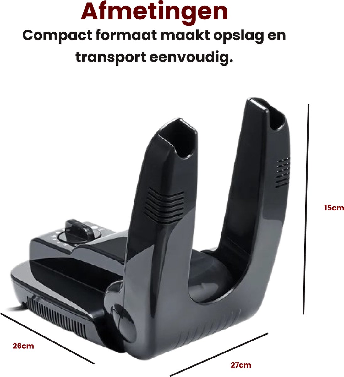 Zwarte schoenendroger met afmetingen 26x27x15 cm, compact formaat voor eenvoudige opslag en transport.