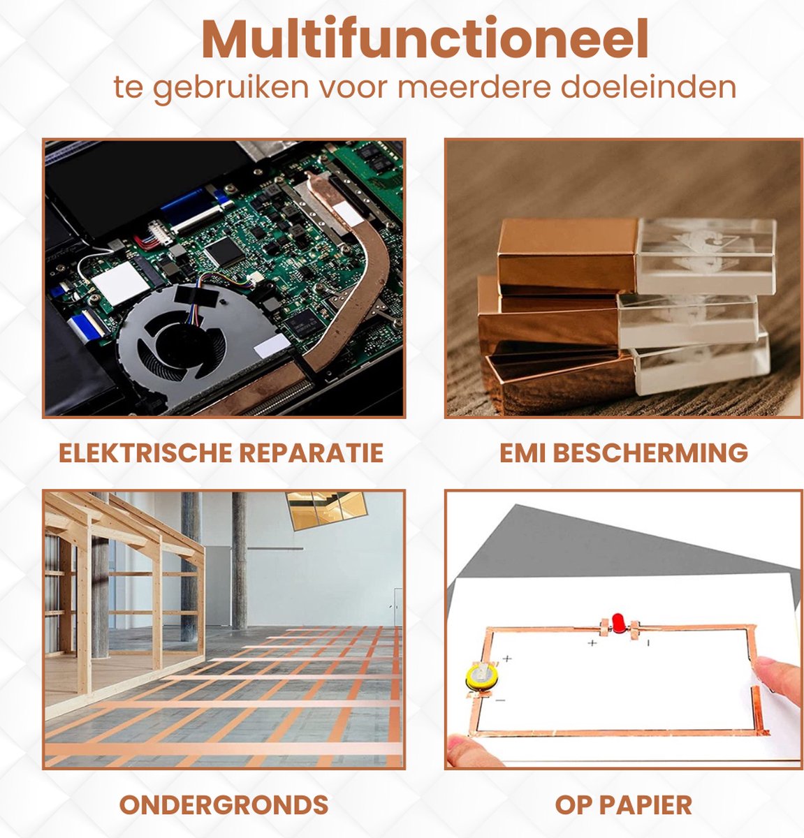 Koperen tape voor elektrische reparatie, EMI-afscherming, ondergronds en op papier.