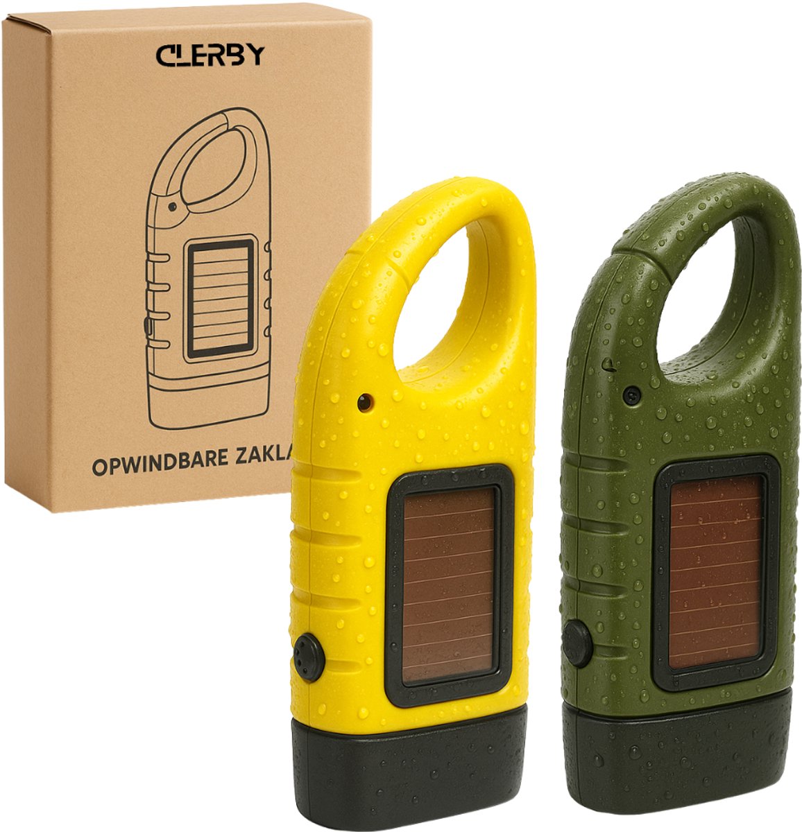 Gele en groene zaklampen naast de verpakking met de merknaam Clerby.