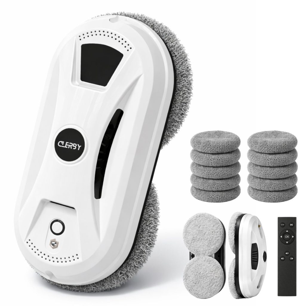 Wit robot window cleaner met grijze pads, 10 extra grijze pads, 2 reinigingsringen en afstandsbediening.