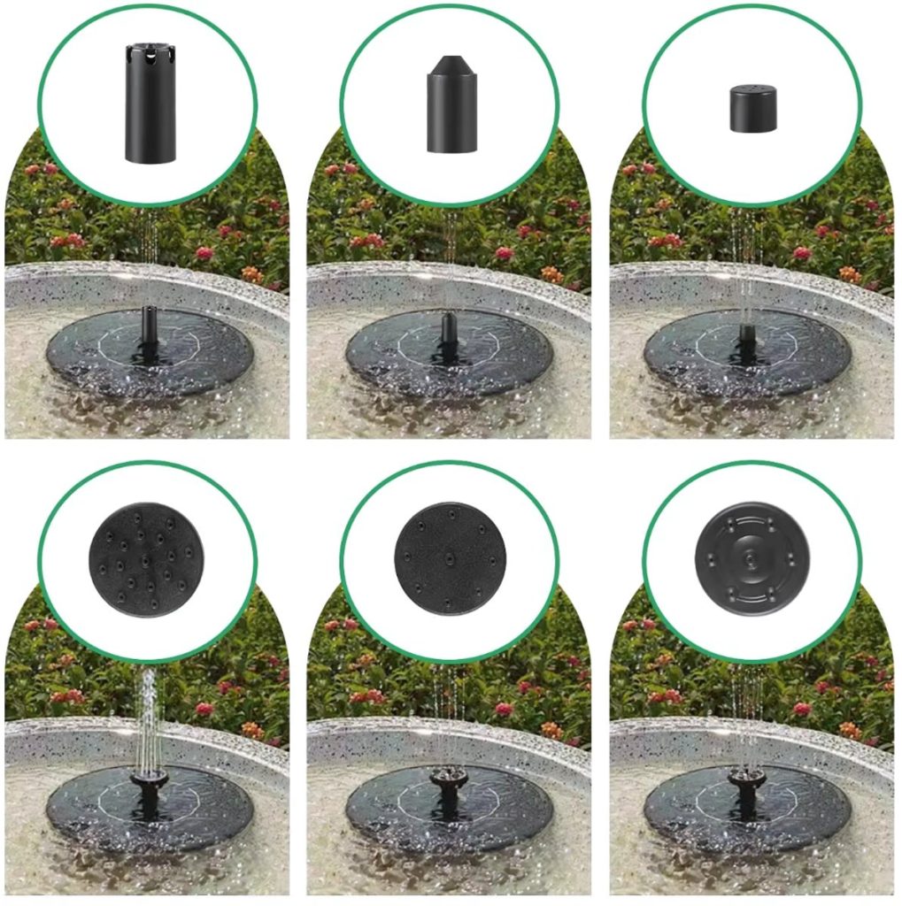 Zes opstellingen van de zonnepaneelfontein met verschillende spuitkoppen in een waterbak.