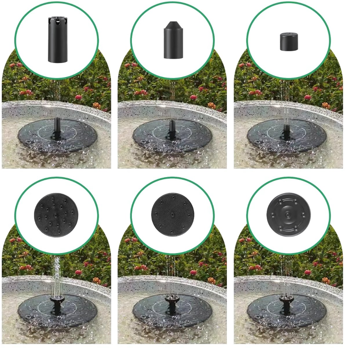 Zes opstellingen van de zonnepaneelfontein met verschillende spuitkoppen in een waterbak.