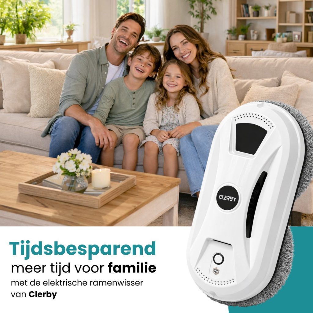 Wit robot window cleaner apparaat naast een gezin op een bank in een woonkamer. "Tijdsbesparend meer tijd voor familie".
