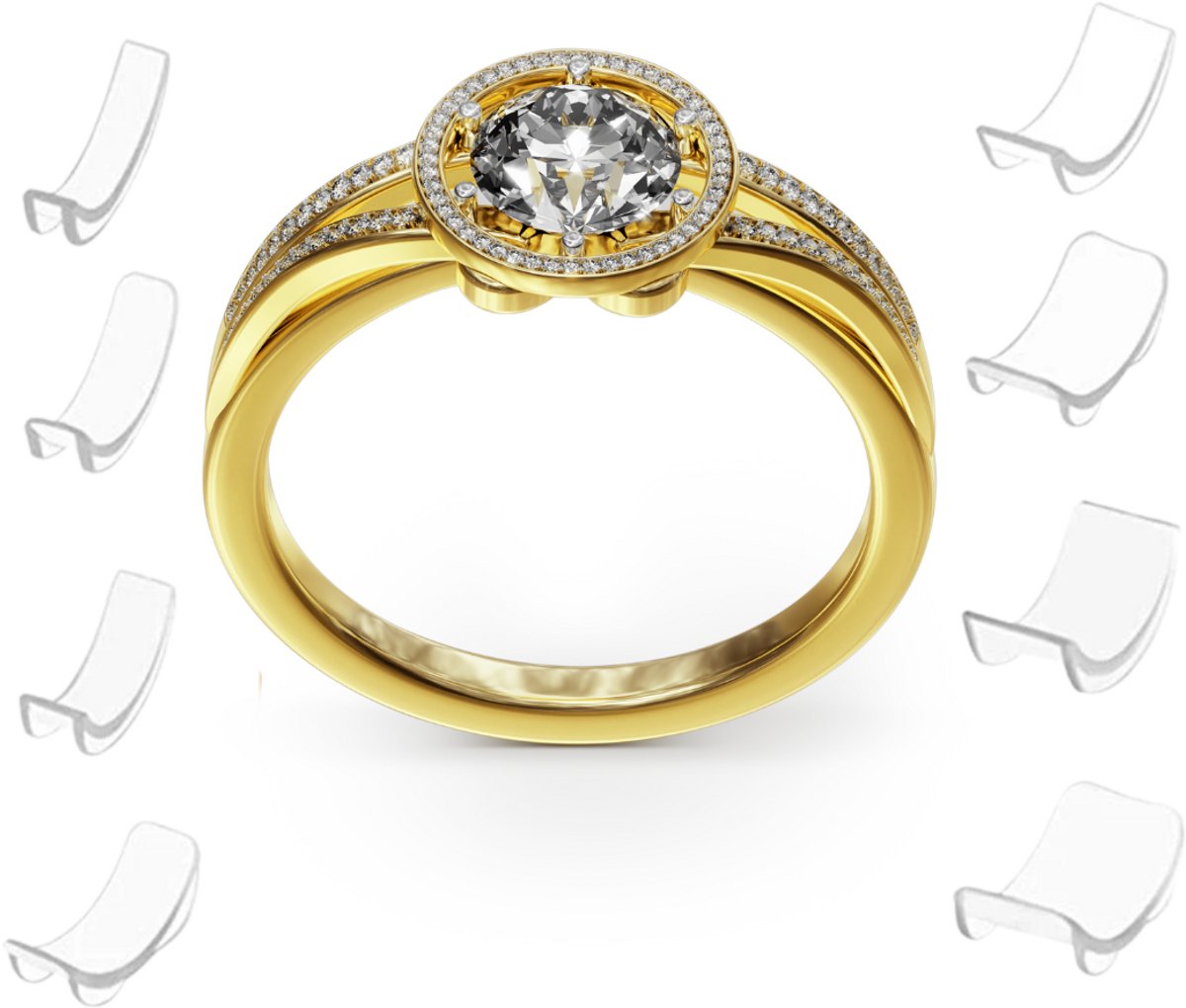 Gouden ring met een ronde halo van diamanten, met een grote centrale diamant. Omringd door doorzichtige ringverkleiners.