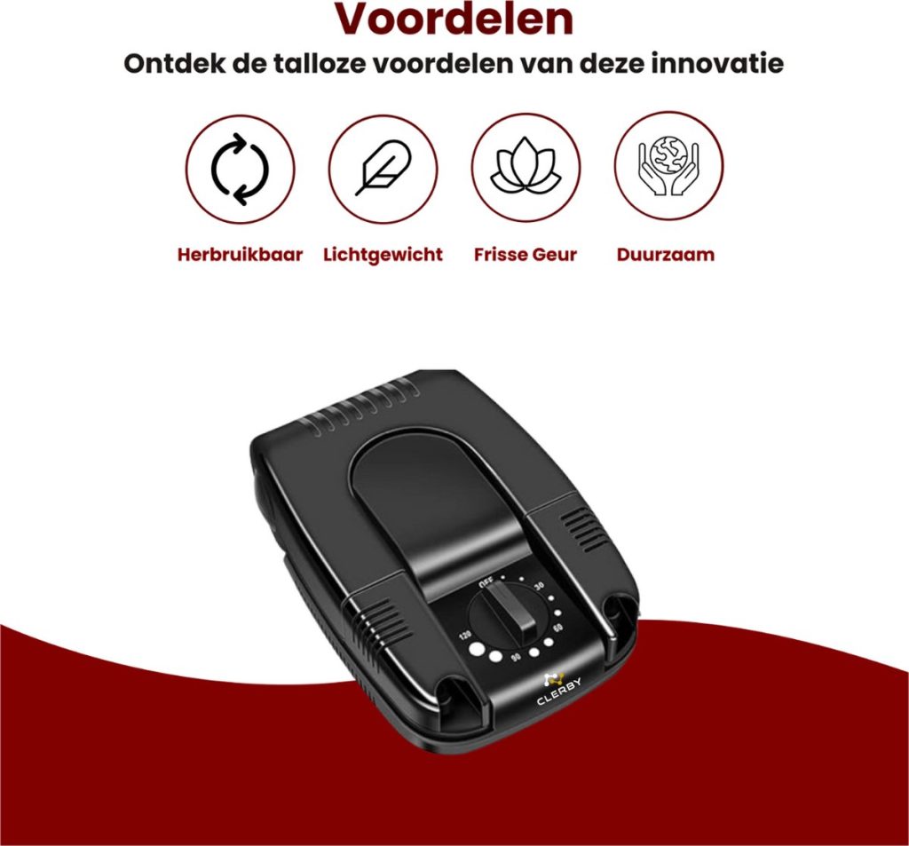 Zwarte schoenendroger met timer van 0-120 minuten, herbuikbaar, lichtgewicht, met frisse geur en duurzaam.