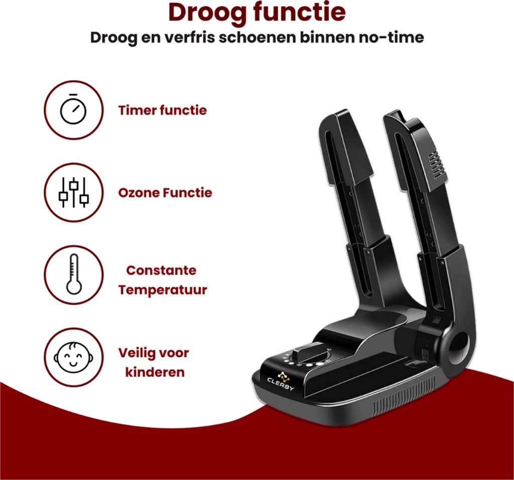 Zwarte schoenendroger met timer, ozonfunctie, constante temperatuur en kindveilige werking.