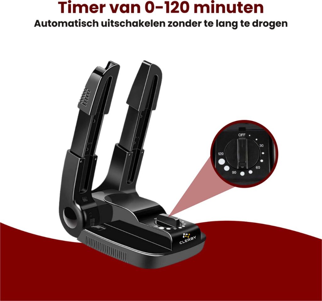 Zwarte schoenendroger met timer van 0-120 minuten, automatische uitschakelfunctie, met de tekst 'CLERBY'.