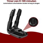 Zwarte schoenendroger met timer van 0-120 minuten, automatische uitschakelfunctie, met de tekst 'CLERBY'.