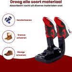 Zwarte schoenendroger in actie, met handschoenen, sneeuwlaarzen en stevige schoenen, droogt diverse materialen.