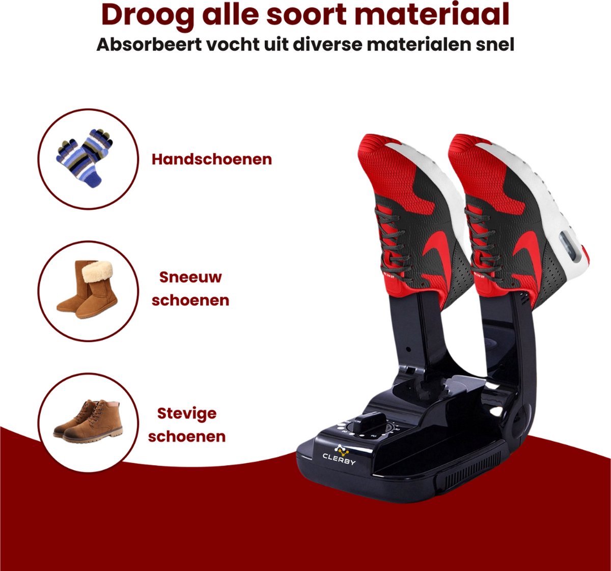 Zwarte schoenendroger in actie, met handschoenen, sneeuwlaarzen en stevige schoenen, droogt diverse materialen.