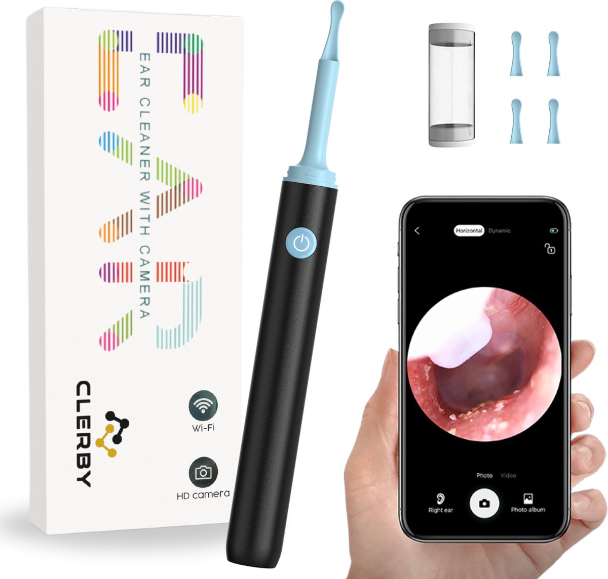 Zwarte oorreiniger met lichtblauwe details, opzetstukken, verpakking en een smartphone die het binnenoor toont.
