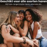 Drie lachende vrouwen met verschillende haarkleuren en -stijlen: steil blond, steil bruin met pony, en krullend donker haar. Geschikt voor alle haartypes: stijl, lang, kort, extensions.