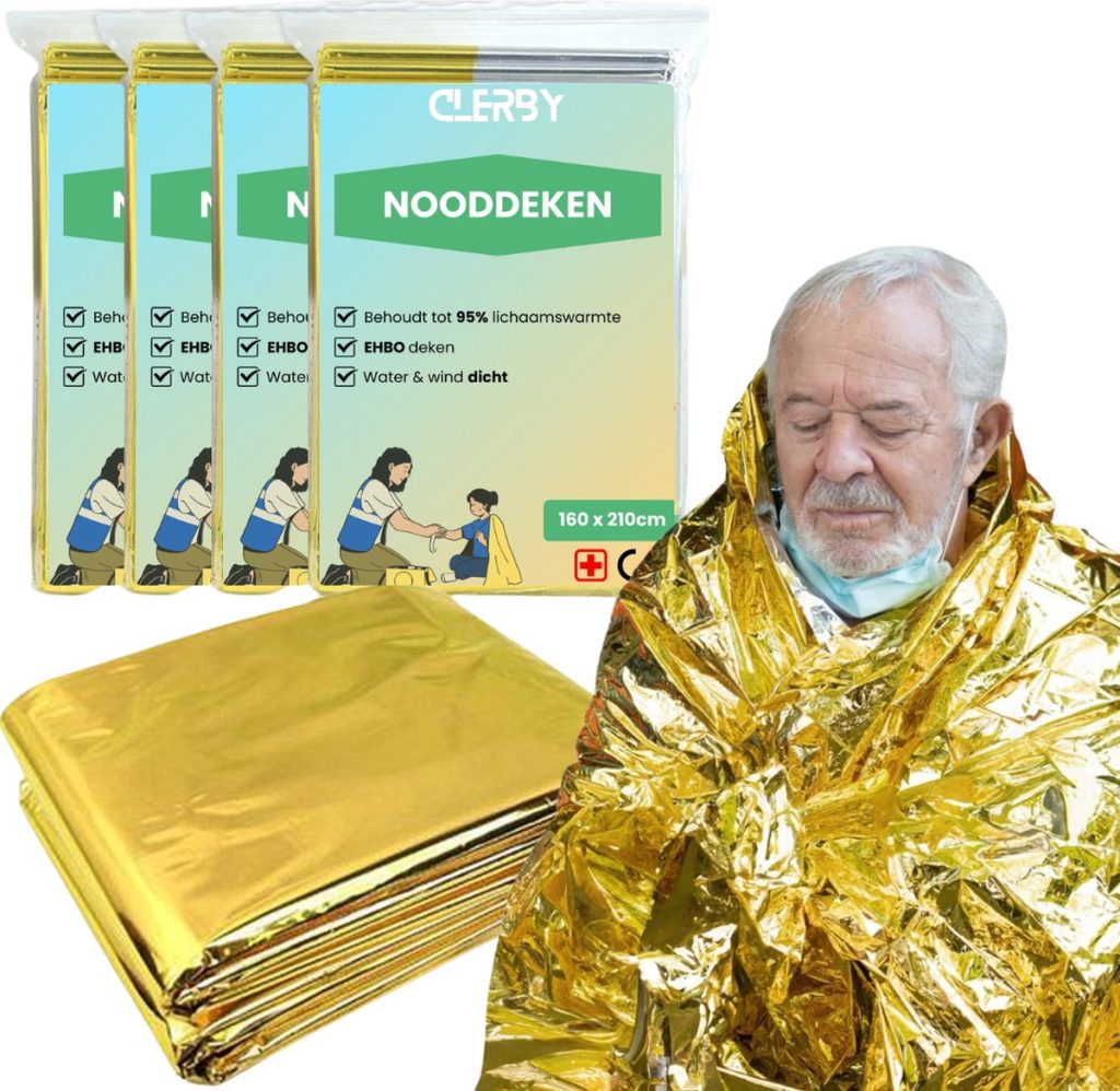 Set van 4 Clerby noodddekens, 160 x 210 cm. Goud/zilver. Houdt 95% lichaamswarmte vast. Water & winddicht.