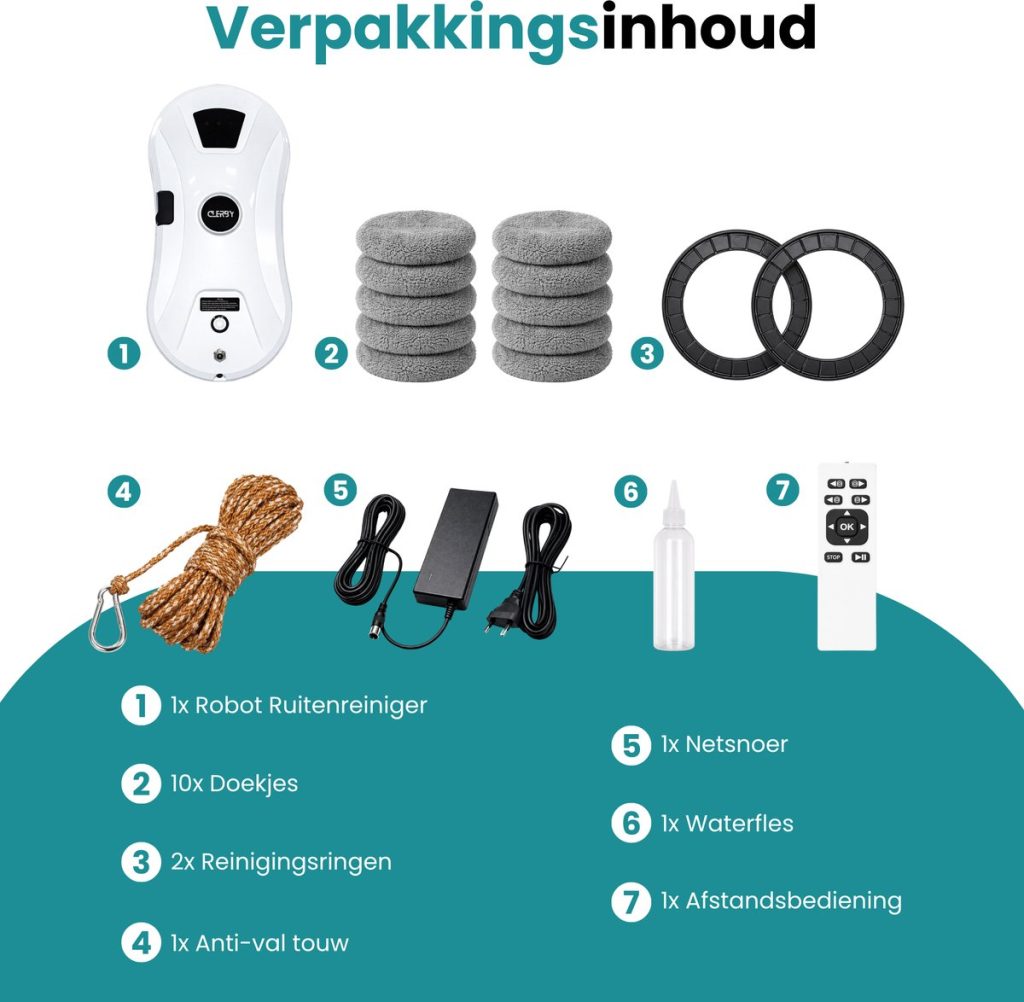 Inhoud van de verpakking: 1x Robot Ruitenreiniger, 10x Doekjes, 2x Reinigingsringen, 1x Anti-val touw, 1x Netsnoer, 1x Waterfles, 1x Afstandsbediening.