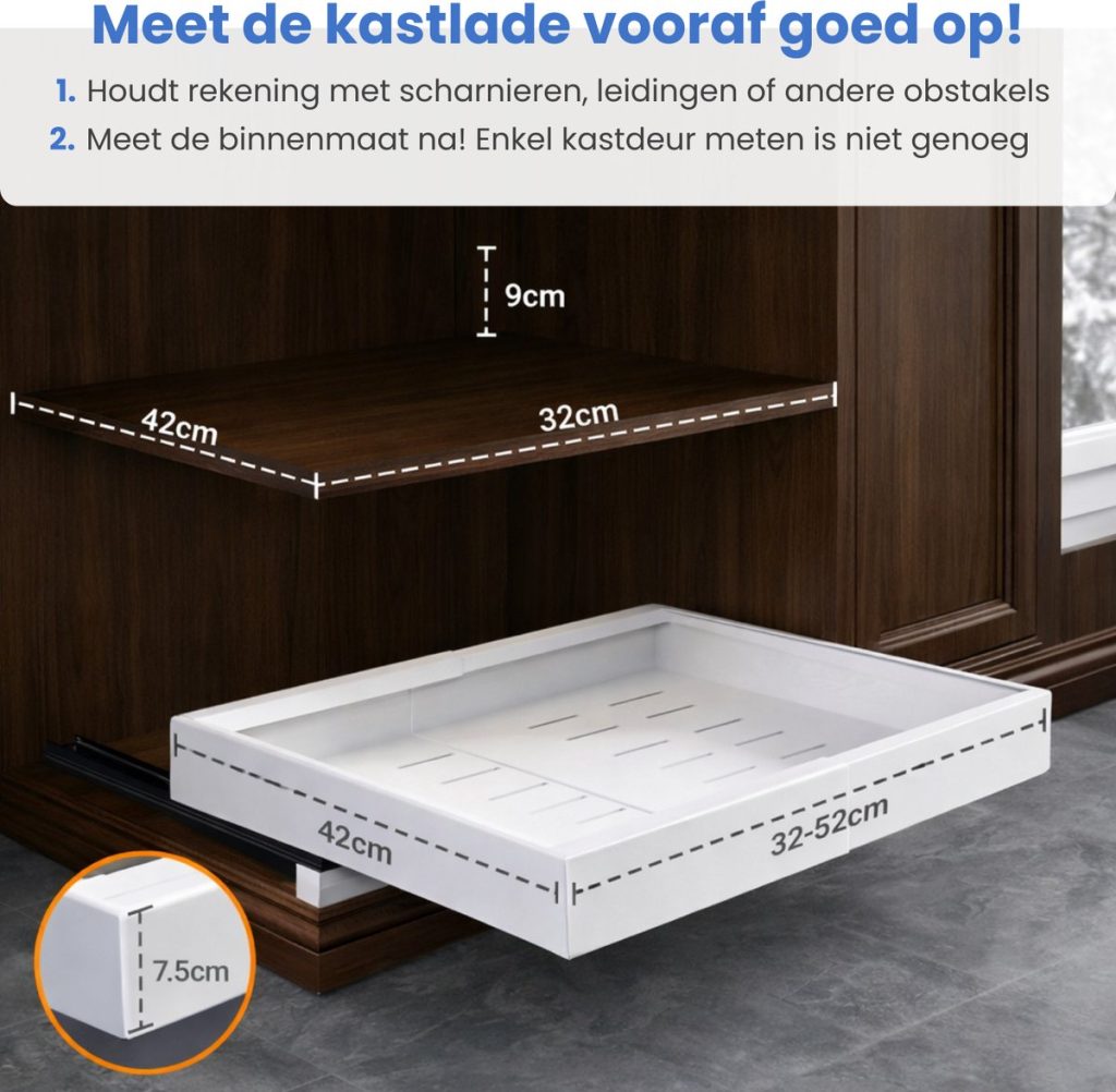 Afmetingen van de Clerby schuiflade: 42cm breed, 32-52cm diep, 7.5cm hoog