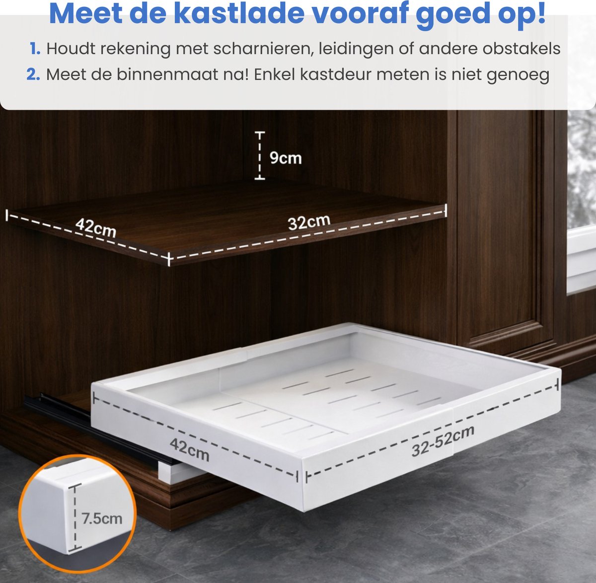 Afmetingen van de Clerby schuiflade: 42cm breed, 32-52cm diep, 7.5cm hoog