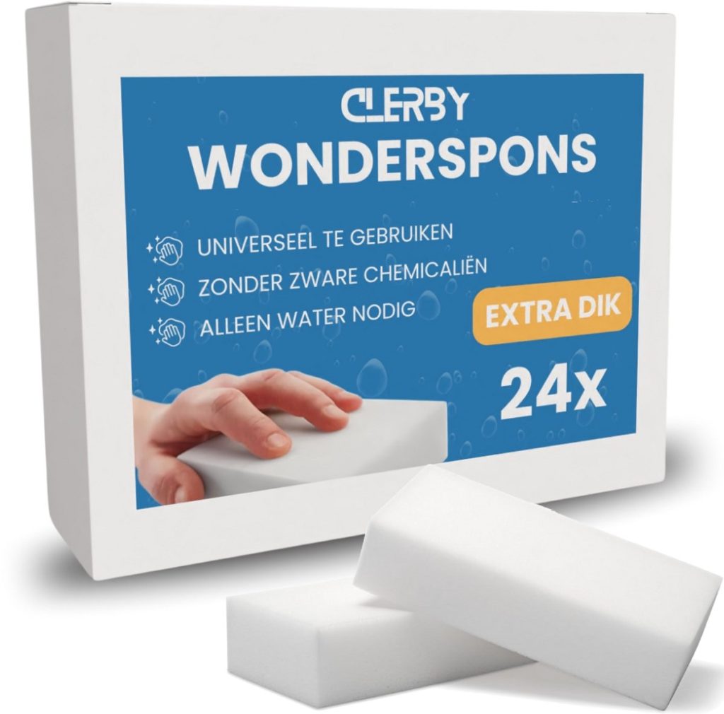 Verpakking van 24 dikke Clerby Wondersponsjes, die universeel te gebruiken zijn met alleen water.